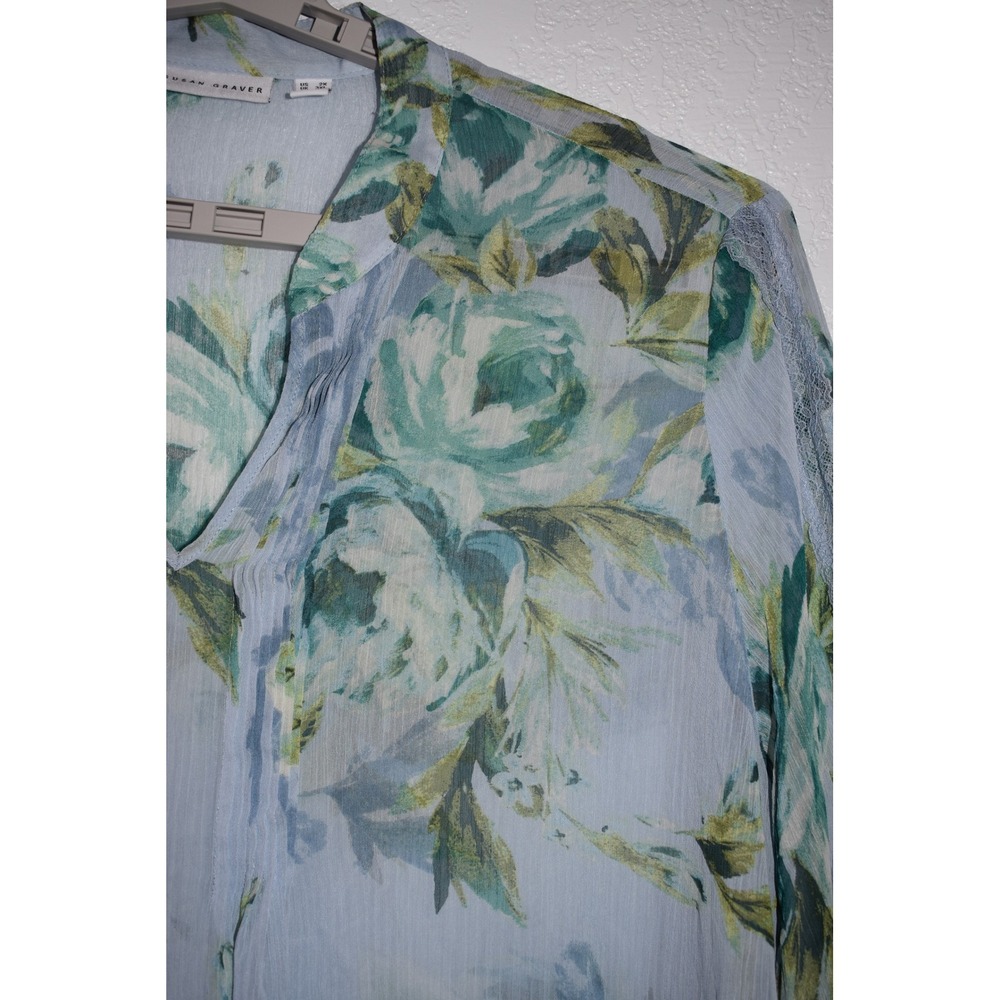 Susan Graver Top 2X Blue Floral Pintuck V-Neck Sheer Lace Sleeve Tunic Blouse - Picture 14 of 16